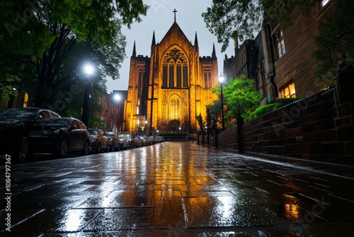 Dark gothic architecture on an urban street, with eerie lighting, old stone walls, and gargoyles