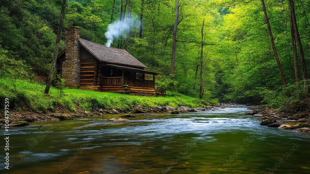 Tranquil River Scene with Rustic Cabin Surrounded by Lush Green Forest and Gentle Stream in Peaceful Natural Settings Tranquil River Scene with Rustic Cabin Surrounded by Lush Green Forest and Gentle Stream in Peaceful Natural Settings