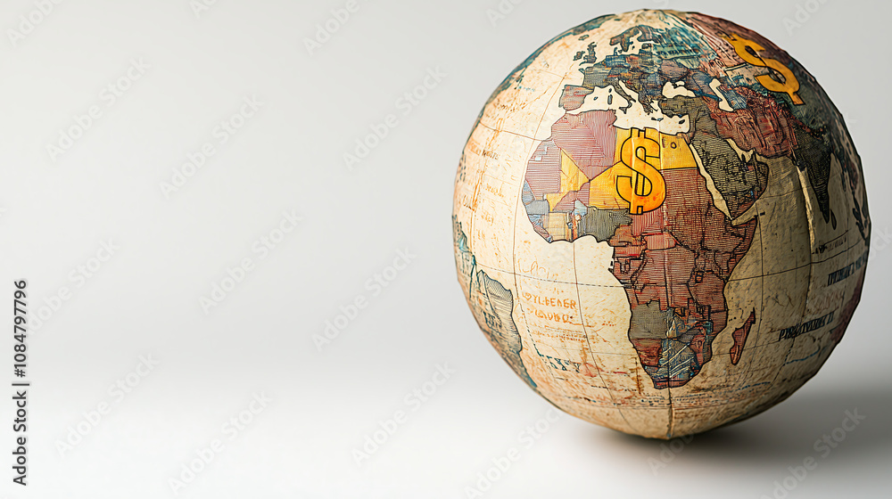 deflated globe featuring faded currency symbols, representing global economics and trade. This evokes sense of financial uncertainty and interconnectedness