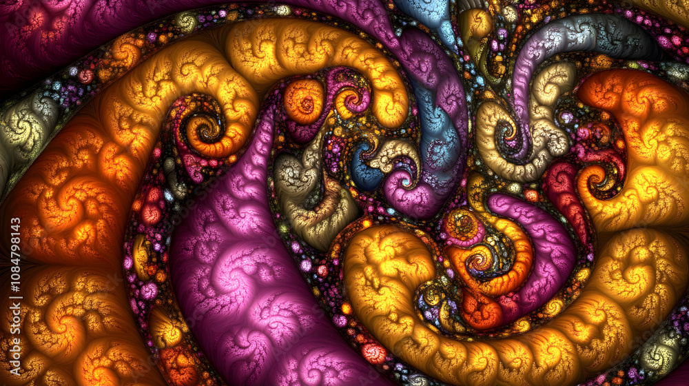 Fototapeta premium Abstract Fractal Art: Swirling, Colorful Spirals in Vivid Hues, Creating a Psychedelic, Organic Background Image