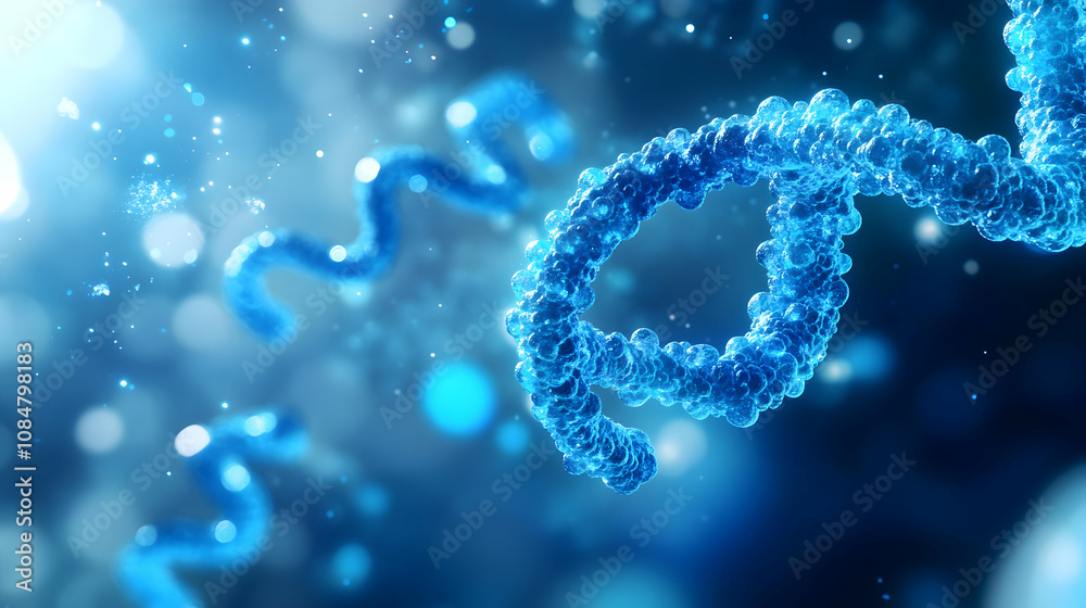 3D Render of DNA Helix, a detailed molecular structure, in vibrant blue, against a bokeh background. 3D Render of DNA Helix, a detailed molecular structure, in vibrant blue, against a bokeh background.