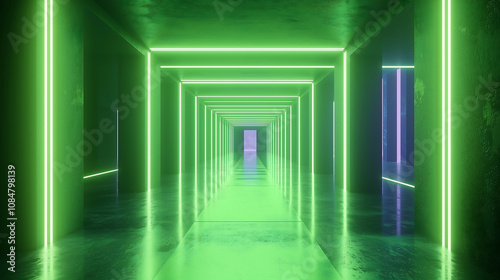 futuristic energy grid with glowing neon green lights creates mesmerizing corridor. vibrant illumination reflects off smooth surface, enhancing modern aesthetic