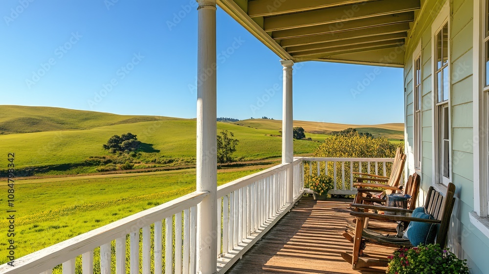 Fototapeta premium Scenic View from a Porch Overlooking Rolling Green Hills and Fields Under a Clear Blue Sky on a Sunny Day Surrounded by Nature and Tranquility