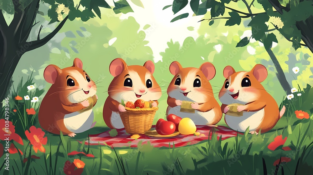 Four cheerful hamsters enjoying a picnic with fruits in a sunny, green setting.