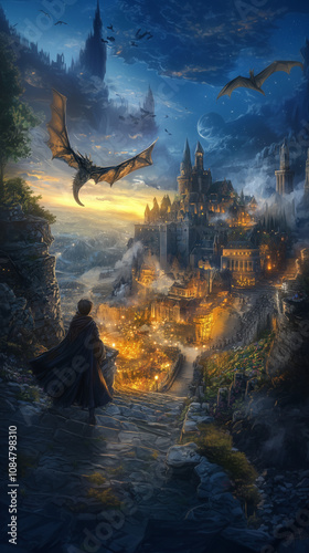 silhouette arriving at a fantasy city with dragons in the sky