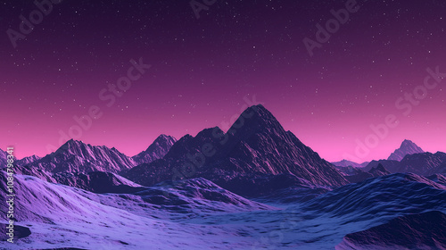 stunning landscape featuring mountains under starry sky with gradient of purple and pink hues. serene atmosphere evokes sense of wonder and tranquility