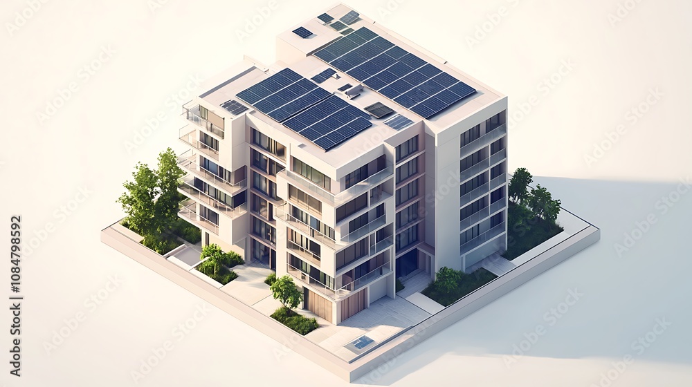 Modern residential building featuring solar panels and storage batteries.