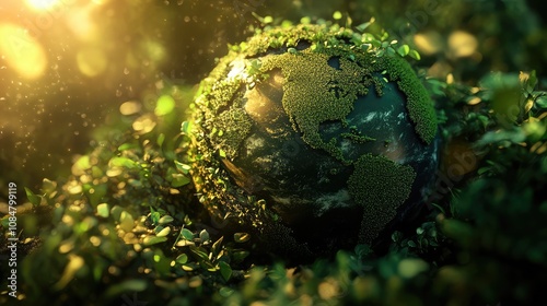 Lush Green Planet Surrounded by Vibrant Nature Depicting Earth as a Symbol of Environmental Health and Harmony with Natural Elements and Sunshine