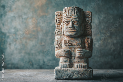 An ancient mayan statue of worship, positioned on a simple background.