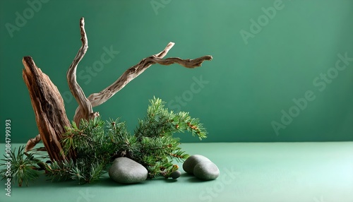 Composition of stones, miniature branch and needle leaves on green background, product placement and copy text space