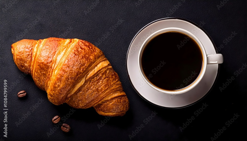 Cup of black coffee with a croissant and coffee beans on black background, flat lay, top view Cup of black coffee with a croissant and coffee beans on black background, flat lay, top view