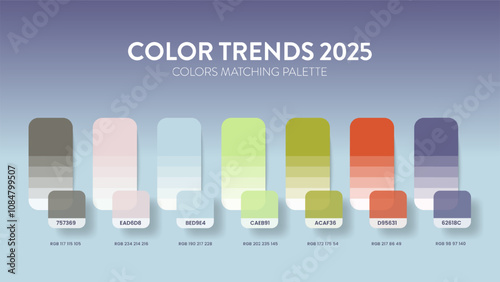 Color Trends 2025 color palettes or color schemes are trends combinations and palette guides this year, a table color shades in RGB or HEX. Color swatch for a spring fashion, home, or interior design.