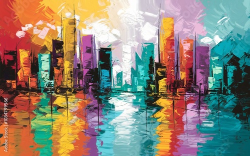 An abstract cityscape with tall, vertical shapes representing buildings and structures, rendered in a vibrant, impressionistic style. 