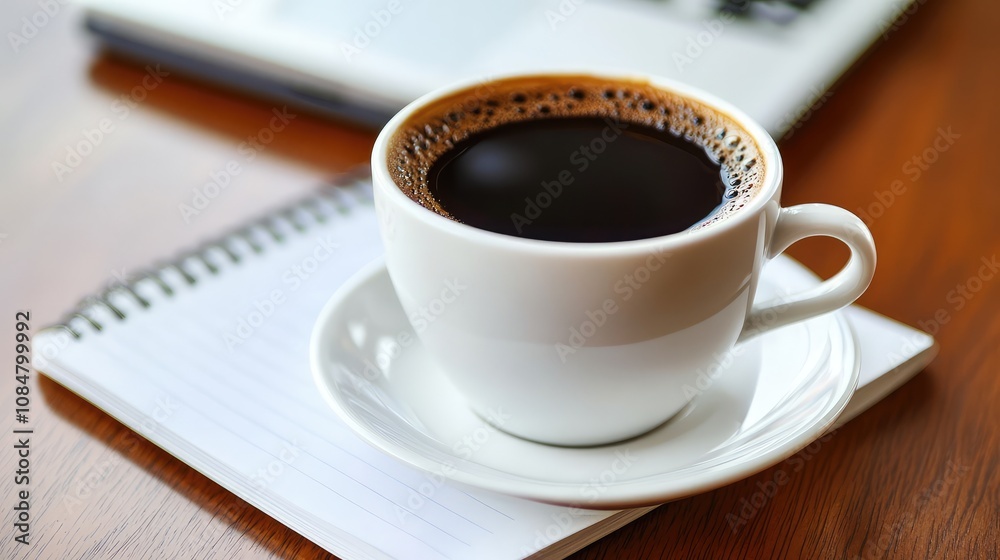 Freshly Brewed Black Coffee in White Cup on Wooden Table with Notebook and Laptop in Background, Perfect for Relaxing Work Environment and Productivity Boost Freshly Brewed Black Coffee in White Cup on Wooden Table with Notebook and Laptop in Background, Perfect for Relaxing Work Environment and Productivity Boost