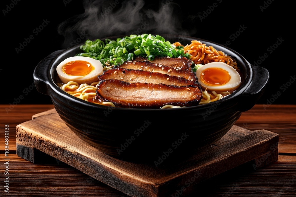 Fototapeta premium Realistic vector of a bowl of ramen with detailed ingredients, steam, and colors