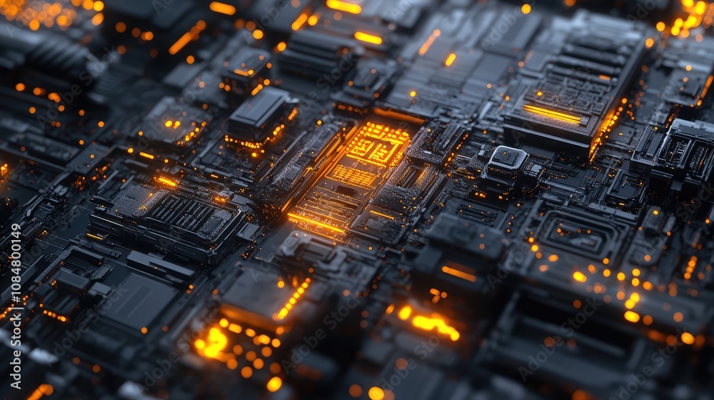 Futuristic Circuit Board with Glowing Orange Lights and Complex Microchips in a Dark Setting Representing Technology and Innovation in Digital Electronics Futuristic Circuit Board with Glowing Orange Lights and Complex Microchips in a Dark Setting Representing Technology and Innovation in Digital Electronics