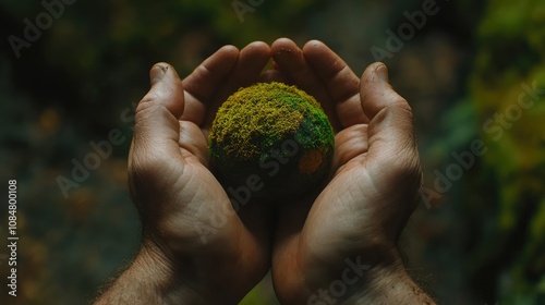 Hands Holding a Mossy Green Sphere Surrounded by Nature, Symbolizing Environmental Care, Sustainable Living, and Connection with Earth’s Natural Beauty photo