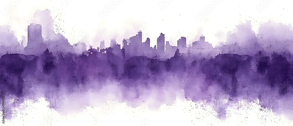 Obraz premium A tranquil watercolor illustration of a city skyline in various shades of purple, creating a dreamy and ethereal atmosphere with soft edges and a misty background.