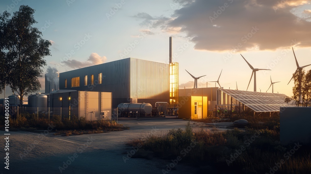 Fototapeta premium Modern Renewable Energy Facility at Sunset with Wind Turbines, Solar Panels, and Industrial Structures Surrounded by Nature in a Serene Landscape
