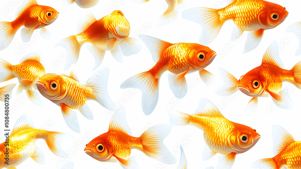 Vibrant Goldfish Seamless Pattern: A Detailed Illustration of Multiple Ornamental Fish Swimming in a Repeating Design on a White Background Vibrant Goldfish Seamless Pattern: A Detailed Illustration of Multiple Ornamental Fish Swimming in a Repeating Design on a White Background