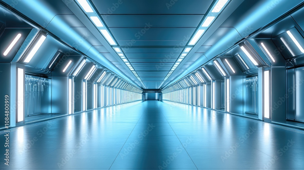 Futuristic Sci-Fi Corridor with Glowing Blue Lights and Sleek Metallic Walls, Symbolizing Innovation and Advanced Technology in Urban Spaces Futuristic Sci-Fi Corridor with Glowing Blue Lights and Sleek Metallic Walls, Symbolizing Innovation and Advanced Technology in Urban Spaces