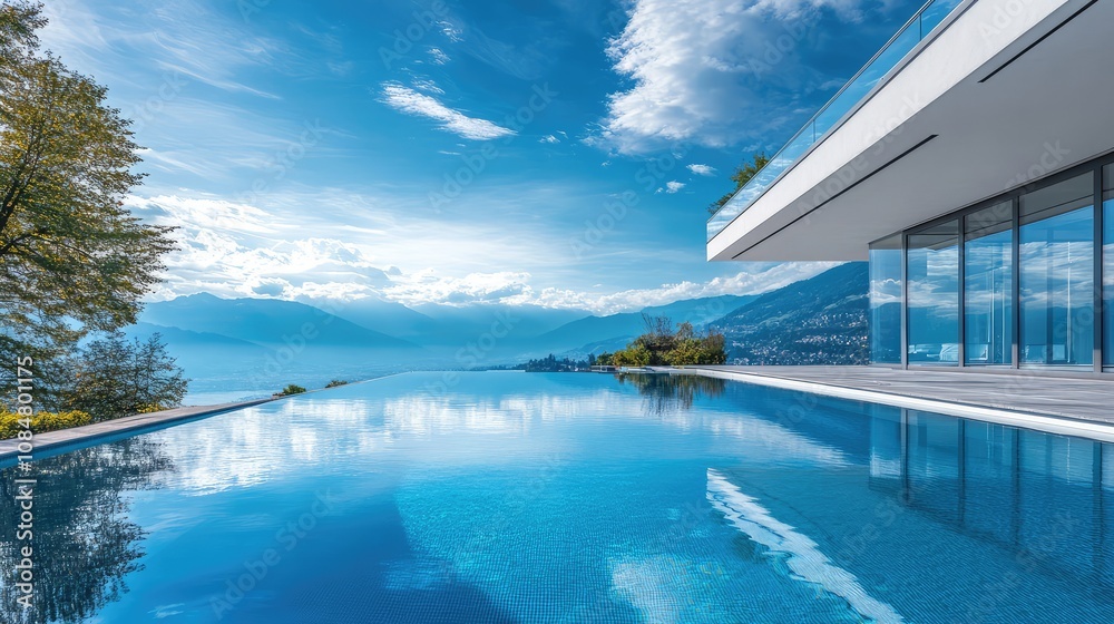Fototapeta premium Breathtaking Modern Infinity Pool Overlooking Serene Lake with Mountains and Lush Greenery Under a Vibrant Blue Sky