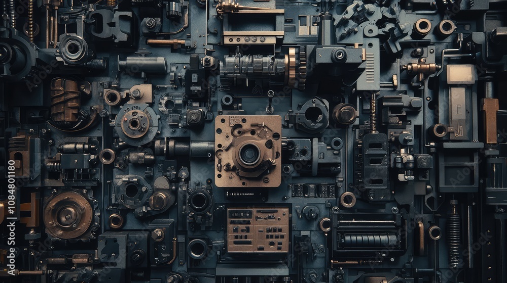 Fototapeta premium Detailed Arrangement of Vintage Mechanical Parts and Tools in a Dark Setting, Perfect for Industrial Themes, Technology Concepts, and Creative Projects