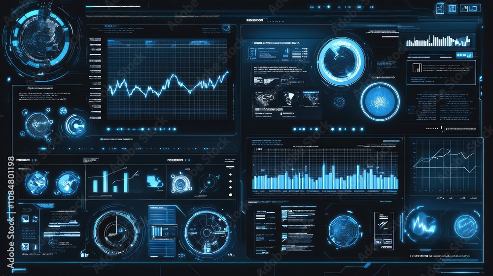 Fototapeta premium Futuristic Digital Interface Featuring Data Analytics, Graphs, Charts, and User Interactive Elements for Technological Applications or Presentations