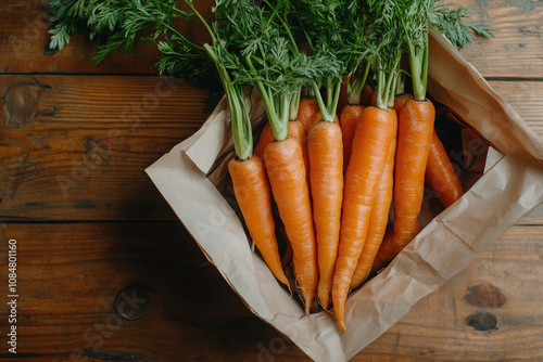 A basket of fresh carrots with green tops, resting on a wooden surface.