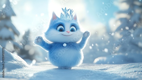 A cute cartoon cat in a winter wonderland with snowflakes fallin photo