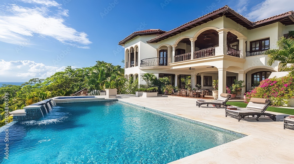 Fototapeta premium Luxurious Villa with Stunning Ocean View and Infinity Pool Surrounded by Lush Tropical Landscape in a Serene Paradise Setting Perfect for Relaxation