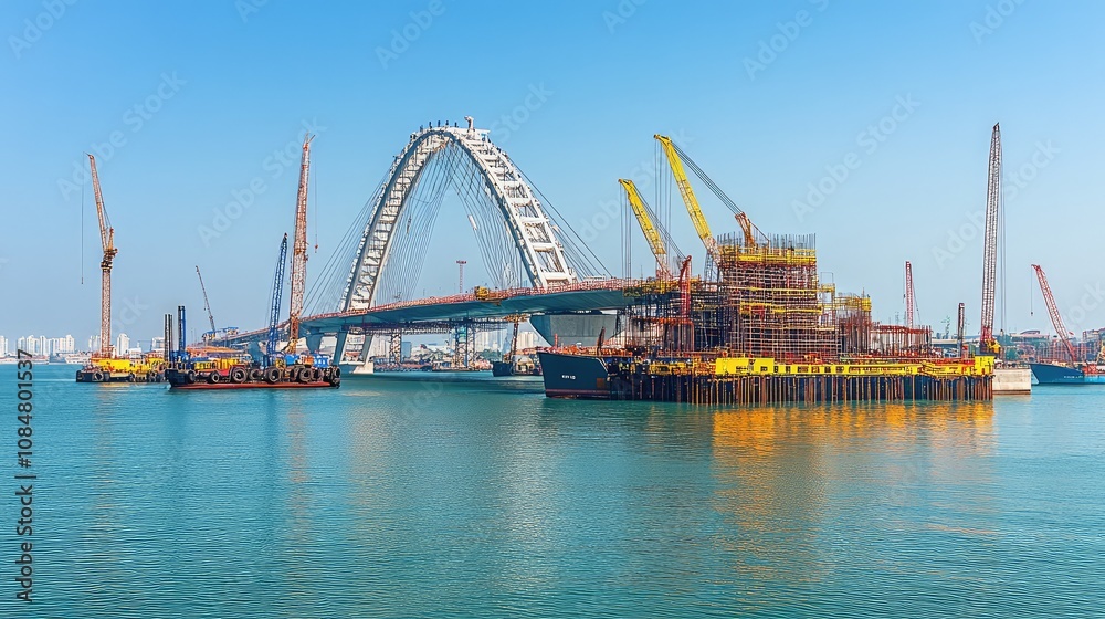Obraz premium Construction of a Modern Bridge Over Water with Cranes, Barges, and Workers under a Clear Blue Sky in an Urban Landscape