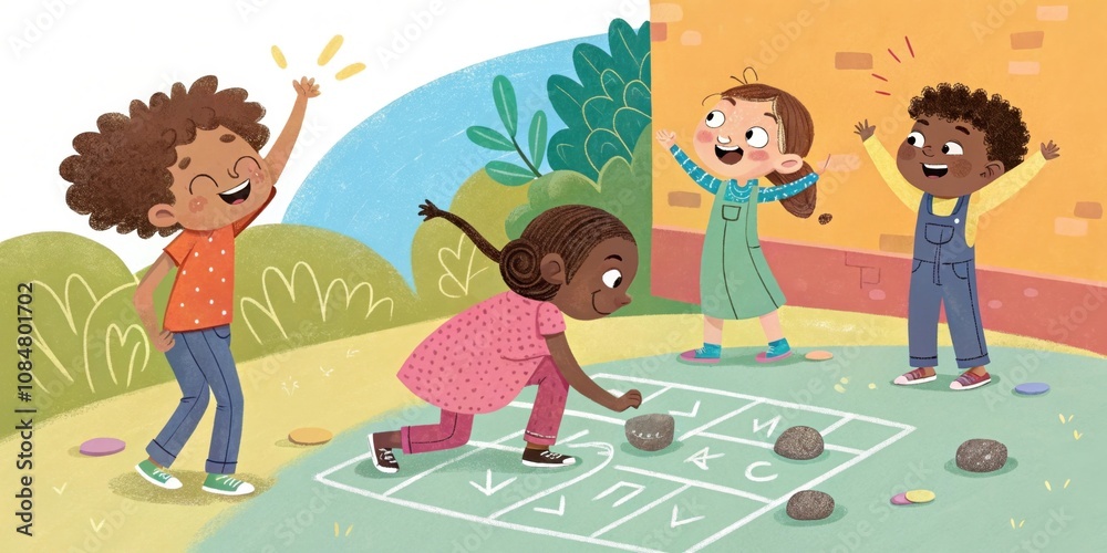Cheerful children enjoying a game of hopscotch on playground, promoting outdoor activities, childhood fun, and physical activity Cheerful children enjoying a game of hopscotch on playground, promoting outdoor activities, childhood fun, and physical activity