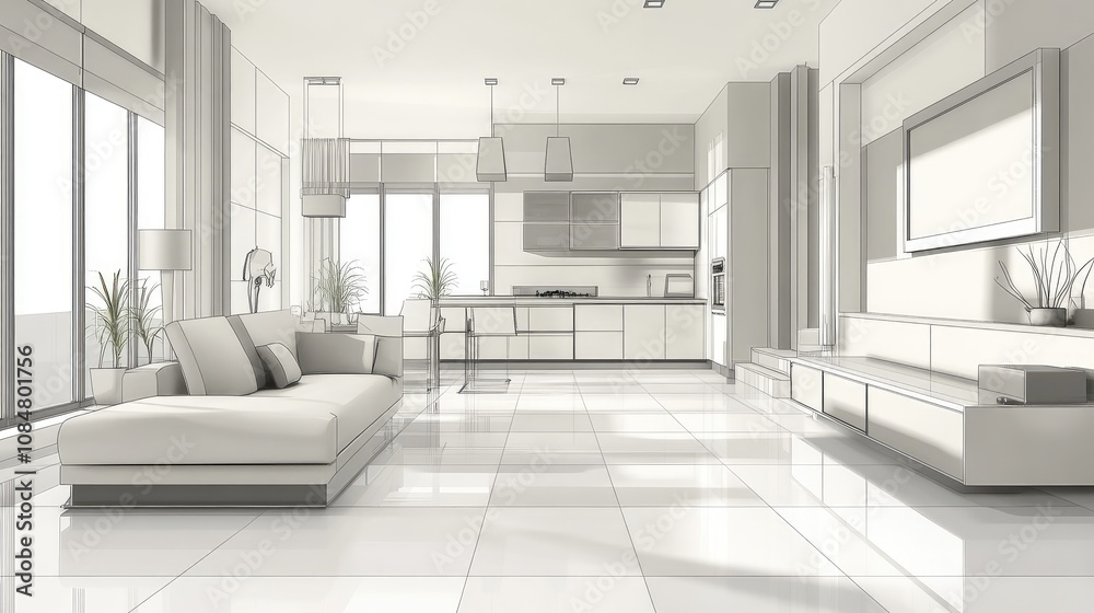 Modern Minimalist Living Room Design Featuring Sleek Furniture, Large Windows, Natural Light, and Open Kitchen Space With Contemporary Decor and Clean Lines