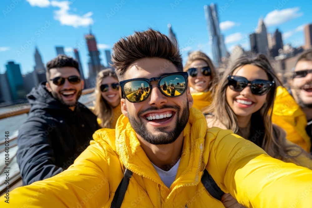 Group of friends on a bridge in the city, dressed in cool urban fashion, posing happily for a selfie Group of friends on a bridge in the city, dressed in cool urban fashion, posing happily for a selfie