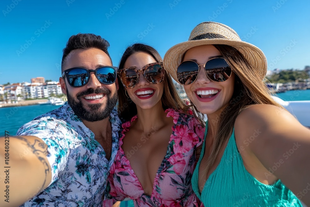 Happy friends in stylish urban fashion, hugging and taking selfies on a bridge with a city backdrop Happy friends in stylish urban fashion, hugging and taking selfies on a bridge with a city backdrop