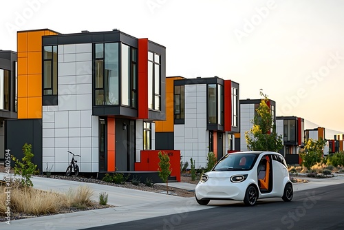 Modular houses featuring modern architecture and an electric vehicle.