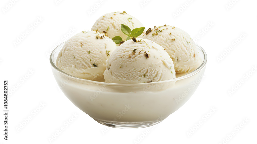 Delicious Bowl of Creamy Vanilla Ice Cream with Mint Garnish isolated on transparent background Delicious Bowl of Creamy Vanilla Ice Cream with Mint Garnish isolated on transparent background