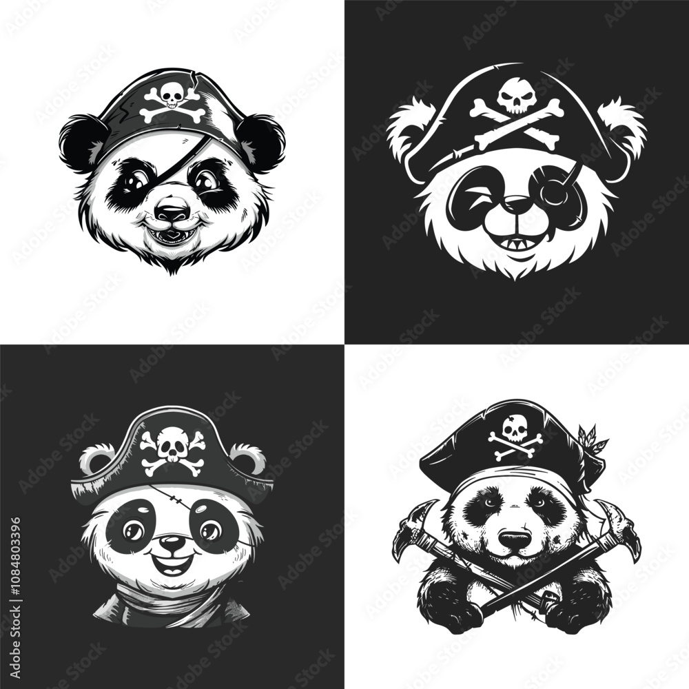Obraz premium Pirate panda head logo design vector vintage