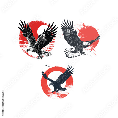 eagle catching fish in the lake with forest and mountains in the background logo design vector