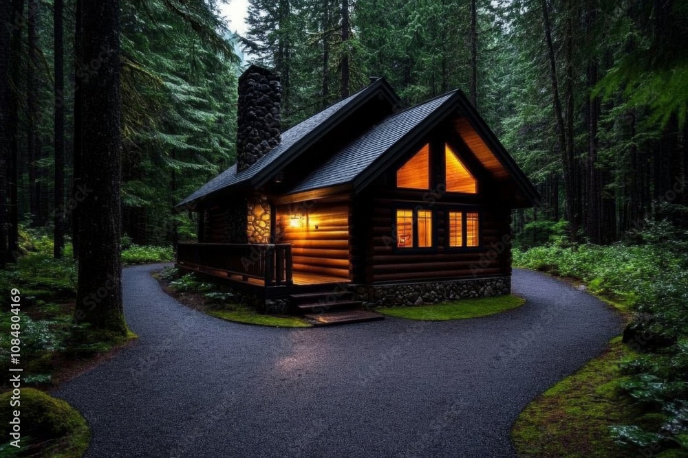 Rustic wooden cabin in a dense forest, surrounded by trees with moss and natural light filtering through Rustic wooden cabin in a dense forest, surrounded by trees with moss and natural light filtering through