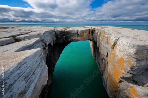 Rocky cliff overlooking a scenic ocean view, dramatic and inspiring wallpaper photo