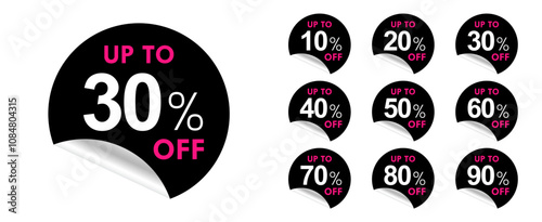 Sale tags set vector badges template, up to 10, 20, 30, 40, 50, 60, 70, 80, 90 percent off, vector illustration isolated on white background. Price off tag icon flat design collection set.