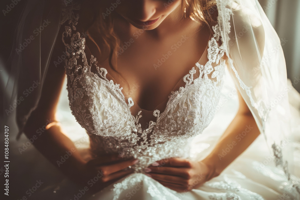 A bride adjusting her intricate wedding dress, showcasing elegance and anticipation. A bride adjusting her intricate wedding dress, showcasing elegance and anticipation.