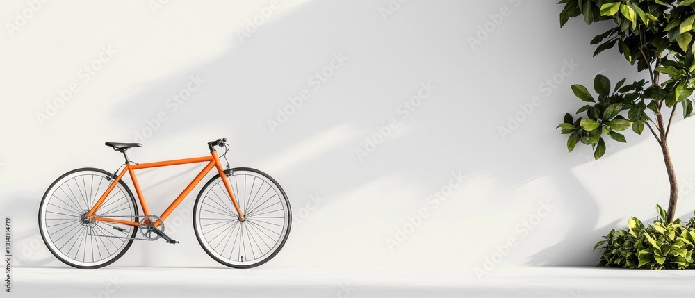 Fototapeta premium Bicycle wheel against white wall urban setting still life minimalist design side view modern aesthetic