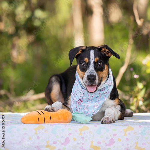 Dog with easter bandana and carrot toy