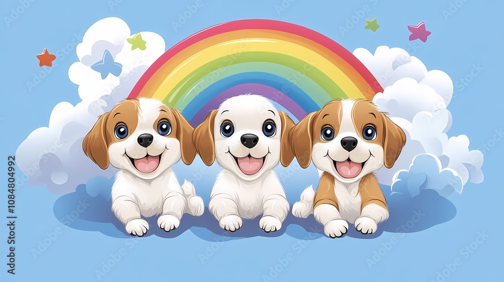 Three cheerful puppies sitting under a rainbow with clouds and stars in a colorful background. Three cheerful puppies sitting under a rainbow with clouds and stars in a colorful background.