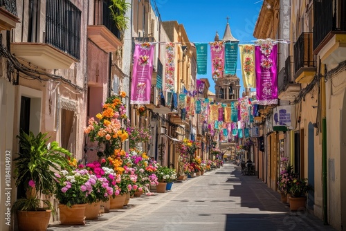 A vibrant street adorned with flowers and colorful banners, showcasing local culture.