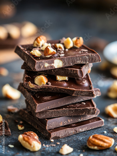 A stack of dark chocolate bars topped with nuts on a textured surface.