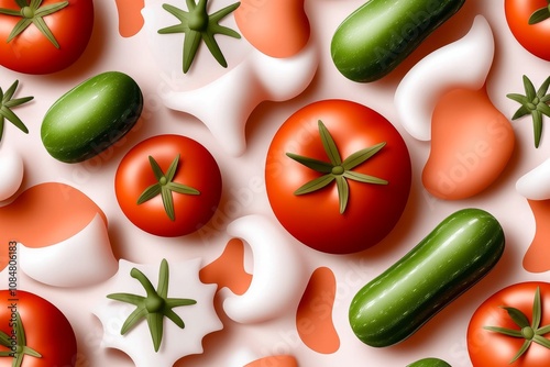 Abstract design of vegetable shapes like tomatoes and cucumbers in soft pastel colors photo